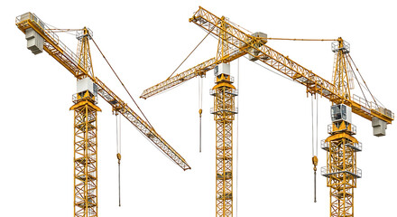 Multiple yellow tower cranes are displayed against a solid black background