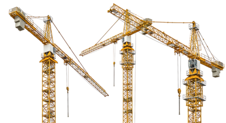 Multiple yellow tower cranes are displayed against a solid black background