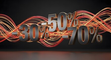 Illustration of discounts of 30, 50, and 70 percent with abstract orange lines background
