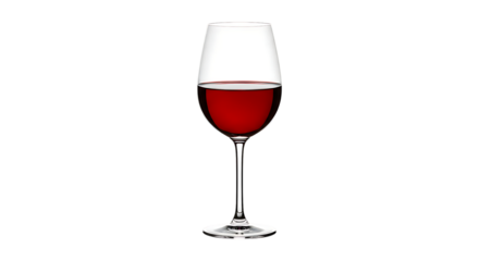 Elegant stemmed glass filled with deep red beverage centered against a solid black background