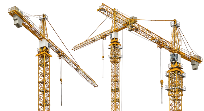 Multiple yellow tower cranes are displayed against a solid black background