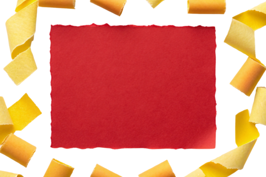 Red rectangular torn paper centered with yellow tape pieces scattered loosely around border, creating casual informal presentation style.