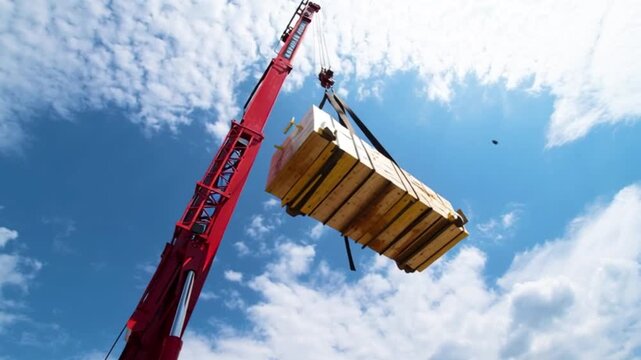 Construction crane lifting heavy wooden cargo, industrial crane hoisting timber load under blue sky, building site machinery operation, construction equipment transport, engineering logistics, industr