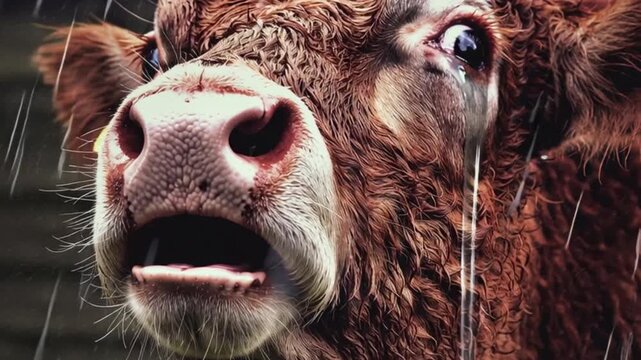 Close up of brown cow crying in the rain, emotional animal expression symbolizing pain sadness empathy and innocence, cinematic wildlife portrait concept showing compassion tears animal cruelty awaren
