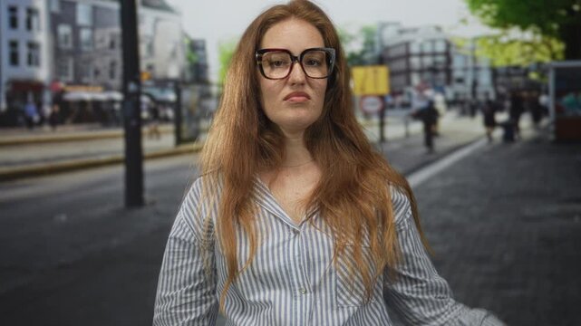 Woman shows thumbs down gesture on street lined with buildings and tram tracks during rush hour; social criticism disapproval.