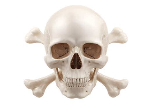 Detailed human skull with crossbones: anatomy and symbolism