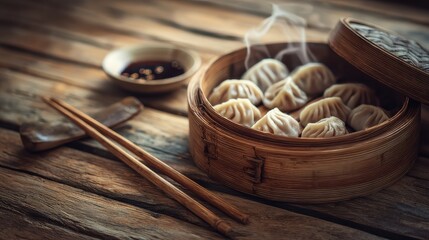 Chinese dim sum close-up, bamboo steamer basket, rustic wooden table, dumplings, dipping sauce, chopsticks, Asian cuisine photography, restaurant menu, dumpling.