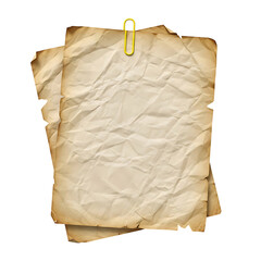 Stack of crumpled, aged paper sheets held together by a bright yellow clip against a dark background
