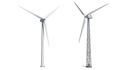 Two distinct styles of wind turbines are presented against a solid black background for comparison
