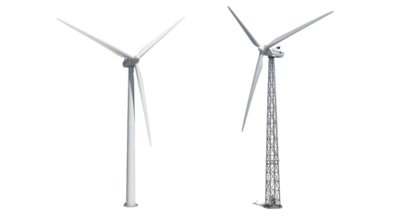 Two distinct styles of wind turbines are presented against a solid black background for comparison