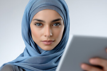 Young woman wearing a blue hijab looks at a tablet device