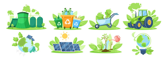 Collection of eco-themed icons including recycling, solar energy, and green farming elements in colorful cartoon style on white background. Vector illustration