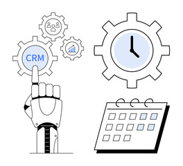 Robotic hand interacts with CRM gear, surrounded by clock and calendar icons. Ideal for automation, customer management, productivity, technology, time management, business process, simple flat