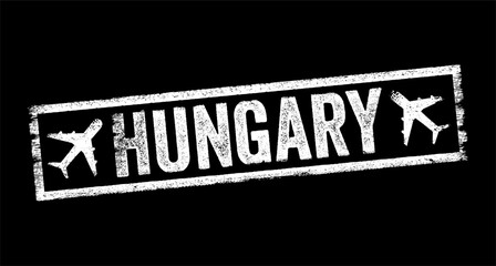 Hungary is a landlocked country in Central Europe, text emblem stamp with airplane