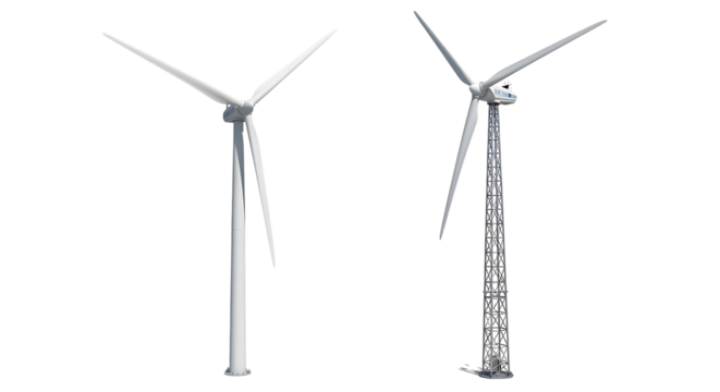 Two distinct styles of wind turbines are presented against a solid black background for comparison