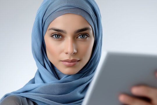Young woman wearing a blue hijab looks at a tablet device