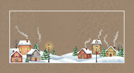 Winter village scene with colorful houses and snow-covered trees  