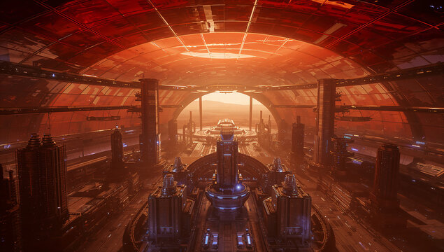 Futuristic interior of a large structure with a red and orange color scheme