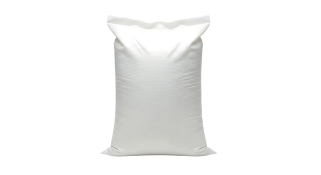 Large plain white woven sack stands upright against a deep black background