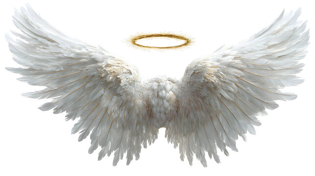 White angel wings with golden halo on black background