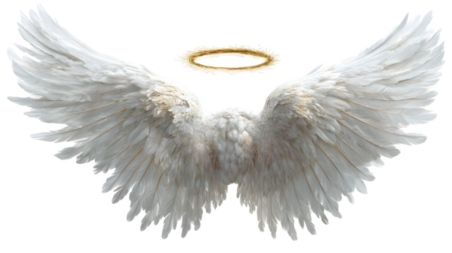 White angel wings with golden halo on black background