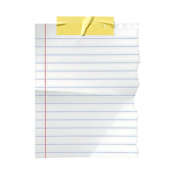 Torn sheet of lined paper secured with a strip of bright yellow adhesive tape