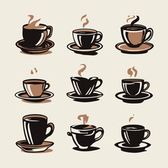 Obraz premium Collection of Steaming Coffee and Tea Cups with Saucers. Retro Style Hot Beverage Illustrations for Cafe and Menu Design
