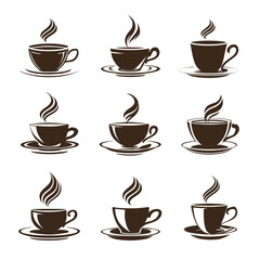Obraz premium Vector set of steaming hot coffee cups and mugs on saucers. Graphic brown icons for espresso, tea, cafe, and breakfast themes.