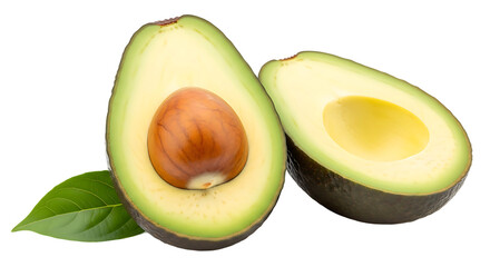 Freshly sliced tropical fruit halves display their creamy interior and large seed against a dark background