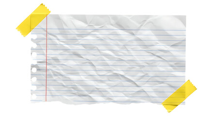 Crumpled piece of lined notepad paper is attached with adhesive tape against a dark background