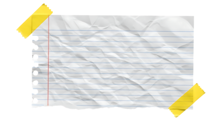 Crumpled piece of lined notepad paper is attached with adhesive tape against a dark background