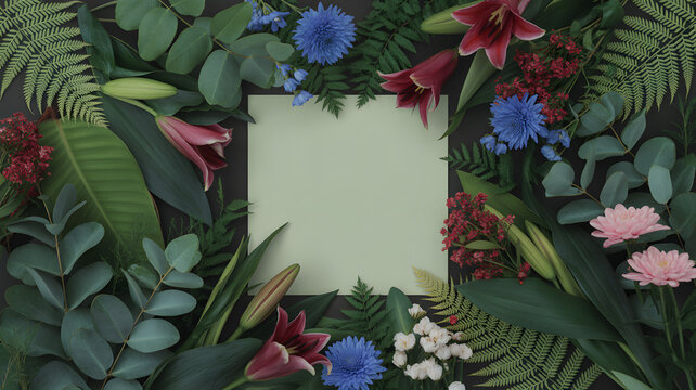 A vibrant border of green leaves, ferns, and colorful flowers framing a central light green square for text