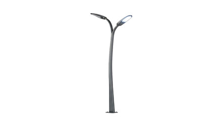 Modern metallic outdoor illumination standard features twin curved arms illuminating dark space