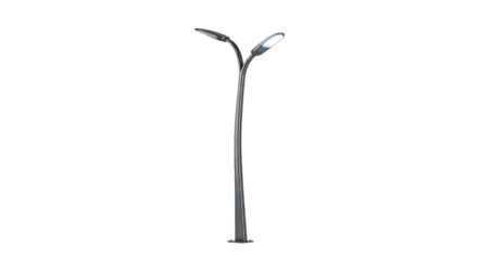 Modern metallic outdoor illumination standard features twin curved arms illuminating dark space