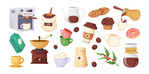 Coffee set including cups, drinks, beans, desserts, and brewing tools in cartoon style on white background. Concept of coffee culture. Vector illustration