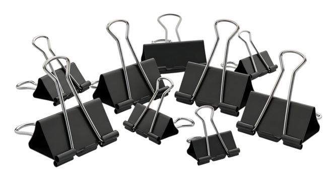 Assortment of black office binder clips scattered across a dark surface
