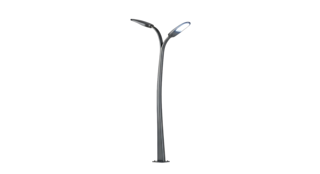 Modern metallic outdoor illumination standard features twin curved arms illuminating dark space