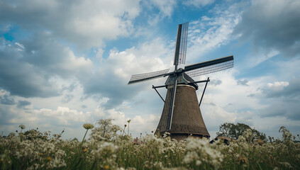 Obraz premium Traditional Windmill Surrounded by Blooming Fields
