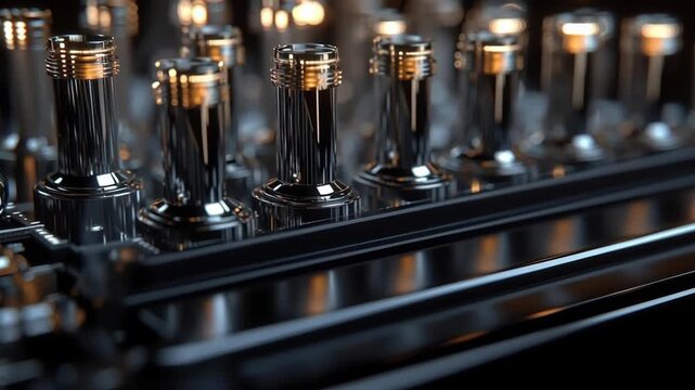 Chrome cylinder valve engine detail, metallic precision, reflective surface, industrial machine, macro closeup, technical engineering shiny metal