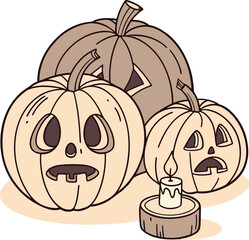 Fototapeta premium Spooky jack o'lanterns with a flickering candle create a classic, charming Halloween scene perfect for festive decorations and seasonal promotions.