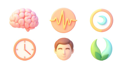 Fototapeta premium Mindful Brain and Mental Wellness Icon Set — Calm, Balance, and Mindfulness Symbols Isolated PNGs