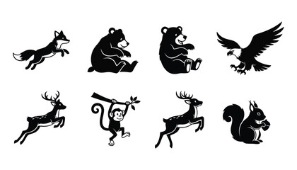 Fototapeta premium Set of wild animals including fox, bear, monkey, eagle, deer, and squirrel in black and white stylized vector icons isolated on white background