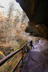 Woman walking along scenic autumn canyon trail under rocky cliffs.