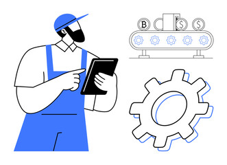 Technician holding a tablet oversees machine conveyor system with coin symbols and large gear. Ideal for manufacturing, automation, industry, production, economics, technology, workflow. Simple flat