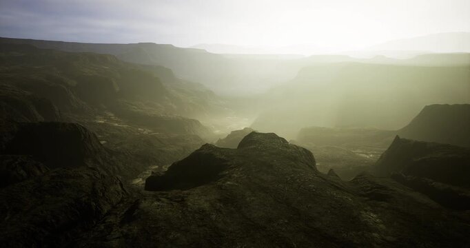 Rugged canyon terrain stretches across the horizon, bathed in gentle morning light. The fog adds an ethereal quality, enhancing the depth and beauty of the natural landscape.