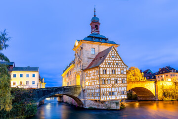Bamberg, old Town hall building,  Architecture and travel in Europe. Flowing river in foreground.