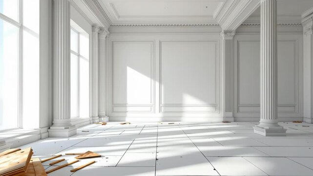 Neoclassical interior white room with tall windows and wall panel details, fluted columns, natural light, empty renovation space, clean symmetry