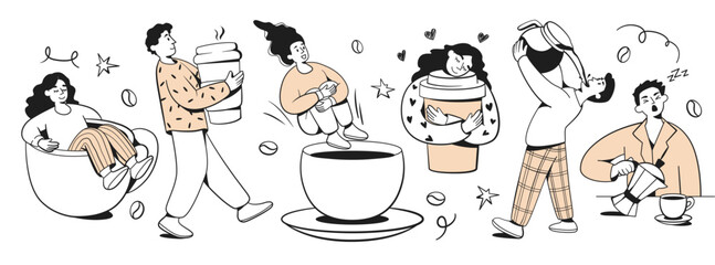 Cartoon set of people with giant coffee cups in playful scenes, hand-drawn sketch style on white background. Concept of coffee obsession. Vector illustration © GN.STUDIO