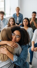 Fototapeta premium Friends share a heartfelt moment of support during a group therapy session in a bright room
