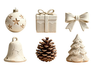 Elegant Christmas decorations: baubles, gift, bow, bell, pine cone, and tree on black